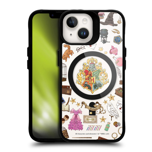 Harry Potter Magical Icons Hogwarts Pattern BLACK SHOCKPROOF BUMPER CASE COMPATIBLE WITH Apple iPhone 14 & MAGSAFE