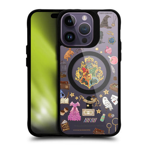 Harry Potter Magical Icons Hogwarts Pattern BLACK SHOCKPROOF BUMPER CASE COMPATIBLE WITH Apple iPhone 14 Pro Max & MAGSAFE