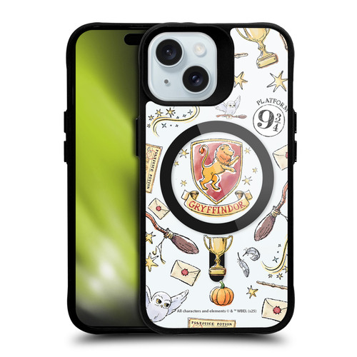 Harry Potter Magical Icons Gryffindor Pattern BLACK SHOCKPROOF BUMPER CASE COMPATIBLE WITH Apple iPhone 15 & MAGSAFE