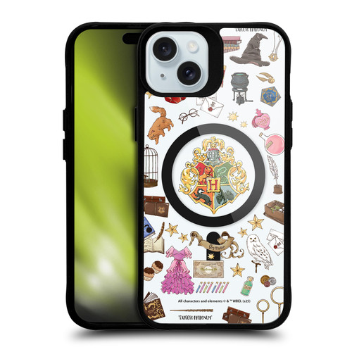 Harry Potter Magical Icons Hogwarts Pattern BLACK SHOCKPROOF BUMPER CASE COMPATIBLE WITH Apple iPhone 15 Plus & MAGSAFE