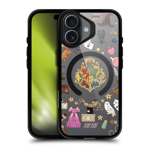 Harry Potter Magical Icons Hogwarts Pattern BLACK SHOCKPROOF BUMPER CASE COMPATIBLE WITH Apple iPhone 17 & MAGSAFE