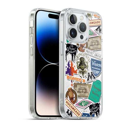 Harry Potter Locations Typography Logo Collage Soft Gel Case for Apple iPhone 14 Pro & MagSafe
