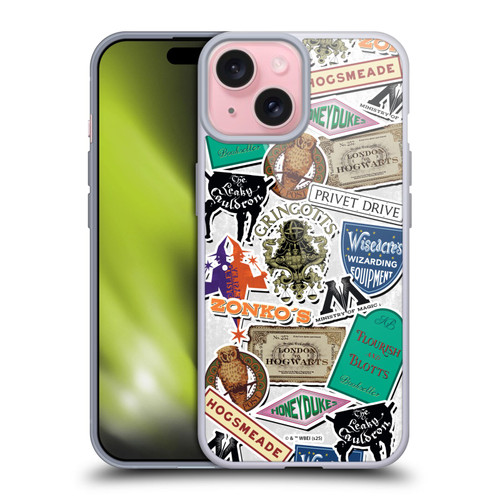 Harry Potter Locations Typography Logo Collage Soft Gel Case for Apple iPhone 15 & MagSafe