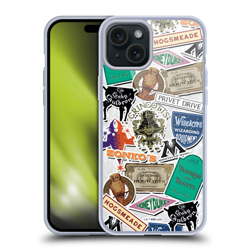 Harry Potter Locations Typography Logo Collage Soft Gel Case for Apple iPhone 15 Plus & MagSafe