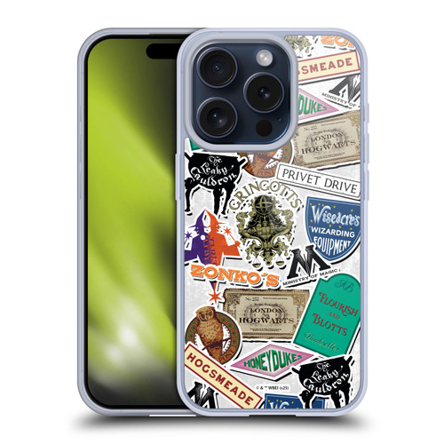 Harry Potter Locations Typography Logo Collage Soft Gel Case for Apple iPhone 15 Pro & MagSafe