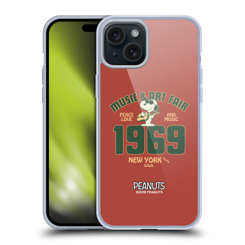 Peanuts Woodstock 50th Snoopy Guitar 1969 Soft Gel Case for Apple iPhone 15 Plus