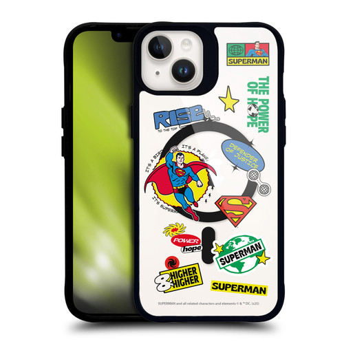 Superman DC Comics Logos and Comics Icons BLACK SHOCKPROOF BUMPER CASE COMPATIBLE WITH Apple iPhone 14 Plus & MAGSAFE