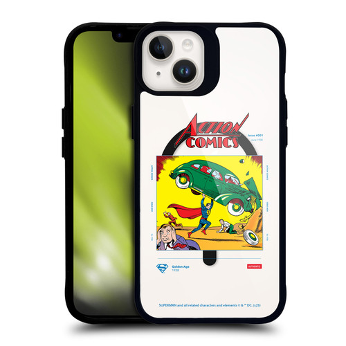 Superman DC Comics Logos and Comics Vintage BLACK SHOCKPROOF BUMPER CASE COMPATIBLE WITH Apple iPhone 14 Plus & MAGSAFE