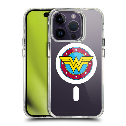 Wonder Woman DC Comics Logos and Comics Shield SHOCKPROOF BUMPER CASE COMPATIBLE WITH Apple iPhone 14 Pro & MAGSAFE