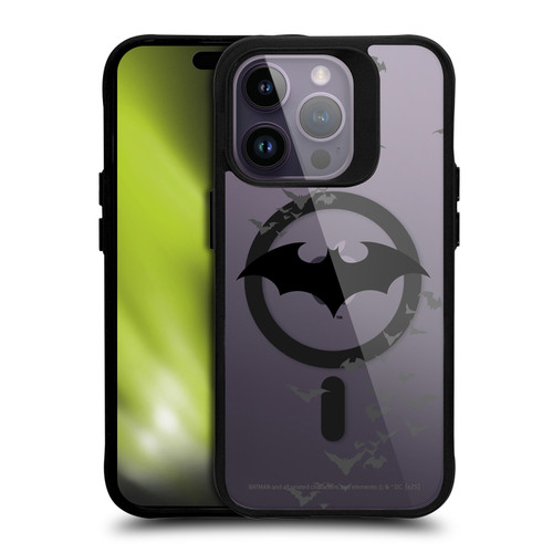 Batman DC Comics Logos and Comics Flying Bats BLACK SHOCKPROOF BUMPER CASE COMPATIBLE WITH Apple iPhone 14 Pro & MAGSAFE