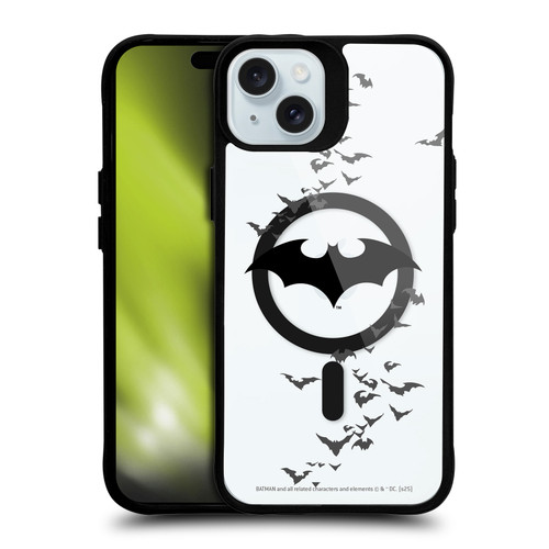 Batman DC Comics Logos and Comics Flying Bats BLACK SHOCKPROOF BUMPER CASE COMPATIBLE WITH Apple iPhone 15 Plus & MAGSAFE