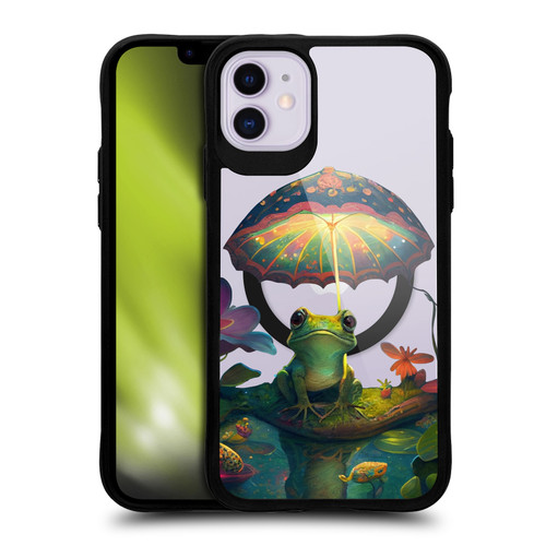 JK Stewart Art Collection Frog With Umbrella BLACK SHOCKPROOF BUMPER CASE COMPATIBLE WITH Apple iPhone 11 & MAGSAFE