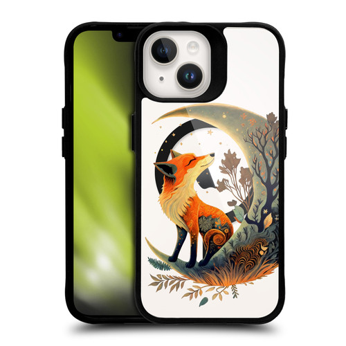 JK Stewart Art Collection Fox On Crescent Moon BLACK SHOCKPROOF BUMPER CASE COMPATIBLE WITH Apple iPhone 14 & MAGSAFE