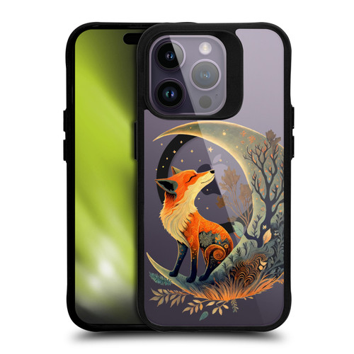 JK Stewart Art Collection Fox On Crescent Moon BLACK SHOCKPROOF BUMPER CASE COMPATIBLE WITH Apple iPhone 14 Pro & MAGSAFE