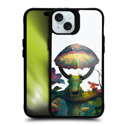 JK Stewart Art Collection Frog With Umbrella BLACK SHOCKPROOF BUMPER CASE COMPATIBLE WITH Apple iPhone 15 Plus & MAGSAFE