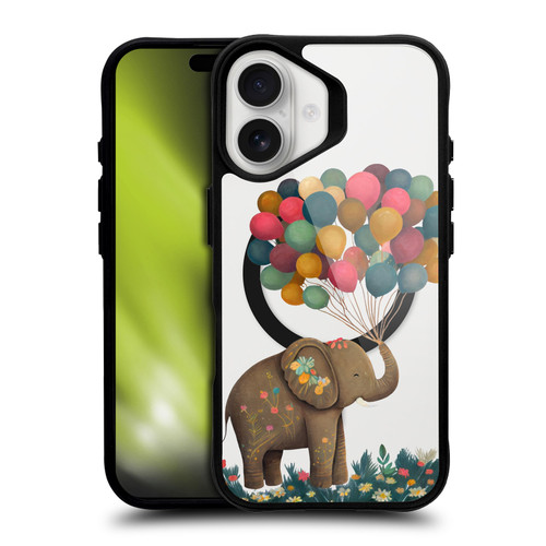 JK Stewart Art Collection Elephant Holding Balloon BLACK SHOCKPROOF BUMPER CASE COMPATIBLE WITH Apple iPhone 16 & MAGSAFE