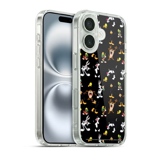 Looney Tunes Patterns Black Soft Gel Case for Apple iPhone 16 & MagSafe