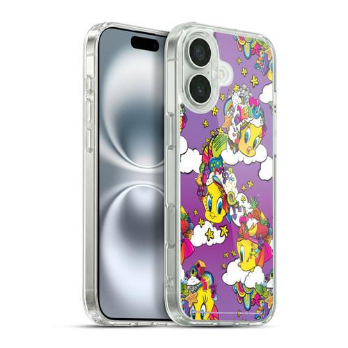 Looney Tunes Patterns Tweety Purple Soft Gel Case for Apple iPhone 16 Plus & MagSafe