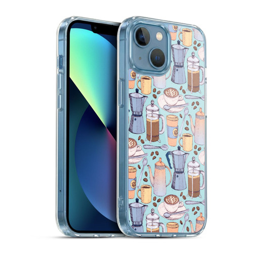 Micklyn Le Feuvre Patterns 2 Coffee Love On Blue Soft Gel Case for Apple iPhone 13 Mini & MagSafe