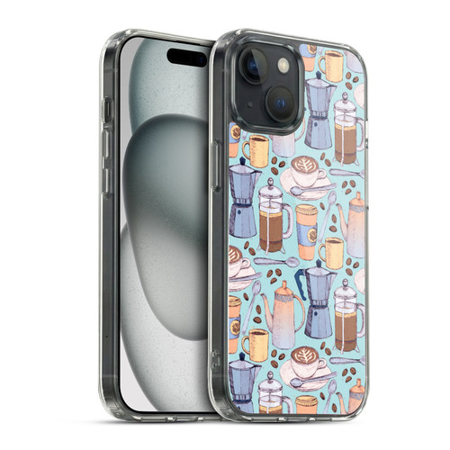 Micklyn Le Feuvre Patterns 2 Coffee Love On Blue Soft Gel Case for Apple iPhone 15 & MagSafe