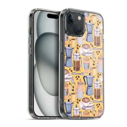 Micklyn Le Feuvre Patterns 2 Coffee Love On Yellow Soft Gel Case for Apple iPhone 15 Plus & MagSafe