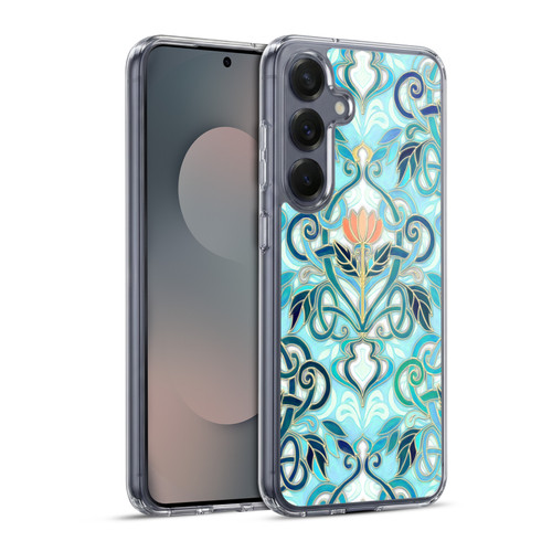 Micklyn Le Feuvre Patterns 2 Ocean Aqua Art Nouveau With Peach Flowers Soft Gel Case for Samsung Galaxy S25+ & MagSafe