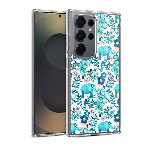 Micklyn Le Feuvre Patterns 2 Dusty Pink White And Teal Elephant Soft Gel Case for Samsung Galaxy S25 Ultra & MagSafe