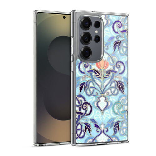 Micklyn Le Feuvre Patterns 2 Indigo Blue Art Nouveau With Peach Flowers Soft Gel Case for Samsung Galaxy S25 Ultra & MagSafe
