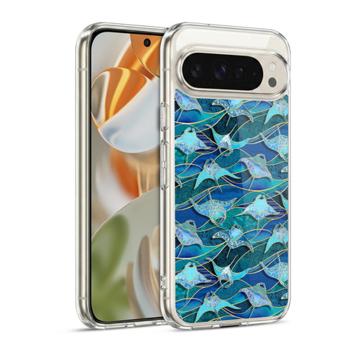 Micklyn Le Feuvre Flora And Fauna Patchwork Manta Rays in Blue Soft Gel Case for Google Pixel 9 / Pixel 9 Pro