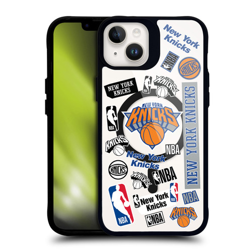 NBA New York Knicks Sticker Collage Print BLACK SHOCKPROOF BUMPER CASE COMPATIBLE WITH Apple iPhone 14 Plus & MAGSAFE