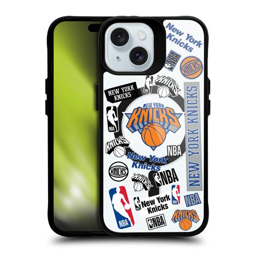 NBA New York Knicks Sticker Collage Print BLACK SHOCKPROOF BUMPER CASE COMPATIBLE WITH Apple iPhone 15 & MAGSAFE