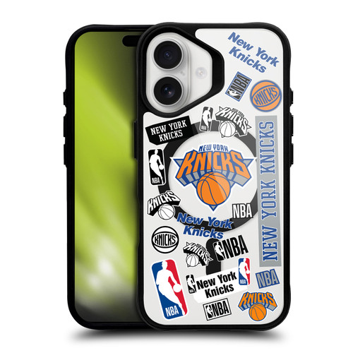 NBA New York Knicks Sticker Collage Print BLACK SHOCKPROOF BUMPER CASE COMPATIBLE WITH Apple iPhone 16 & MAGSAFE