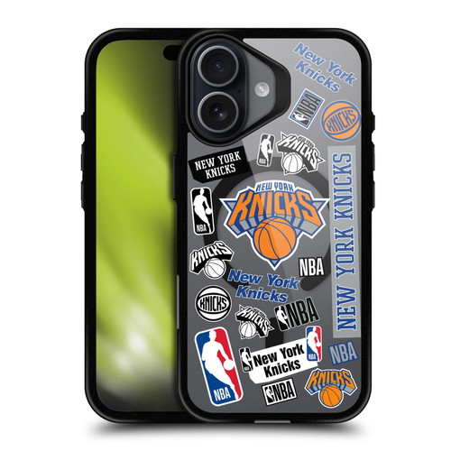 NBA New York Knicks Sticker Collage Print BLACK SHOCKPROOF BUMPER CASE COMPATIBLE WITH Apple iPhone 17 & MAGSAFE