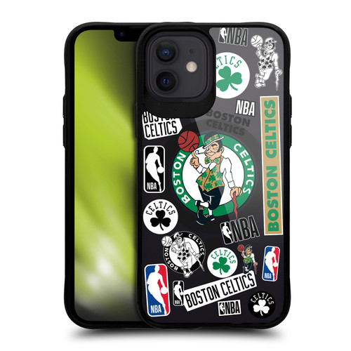 NBA Boston Celtics Sticker Collage Print BLACK SHOCKPROOF BUMPER CASE COMPATIBLE WITH Apple iPhone 12 / iPhone 12 Pro & MAGSAFE