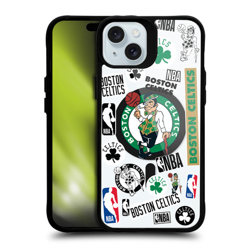 NBA Boston Celtics Sticker Collage Print BLACK SHOCKPROOF BUMPER CASE COMPATIBLE WITH Apple iPhone 15 Plus & MAGSAFE