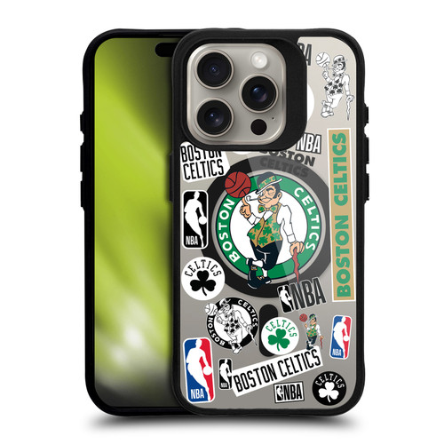 NBA Boston Celtics Sticker Collage Print BLACK SHOCKPROOF BUMPER CASE COMPATIBLE WITH Apple iPhone 15 Pro & MAGSAFE