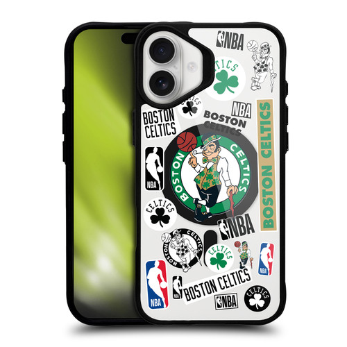 NBA Boston Celtics Sticker Collage Print BLACK SHOCKPROOF BUMPER CASE COMPATIBLE WITH Apple iPhone 16 Plus & MAGSAFE