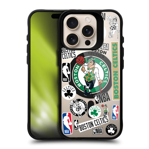 NBA Boston Celtics Sticker Collage Print BLACK SHOCKPROOF BUMPER CASE COMPATIBLE WITH Apple iPhone 16 Pro & MAGSAFE