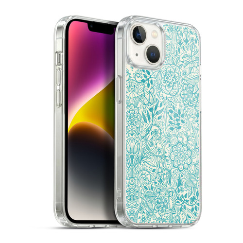 Micklyn Le Feuvre Floral Patterns Teal And Cream Soft Gel Case for Apple iPhone 14 Plus & MagSafe