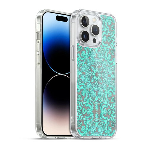 Micklyn Le Feuvre Floral Patterns Mint Green And Grey Soft Gel Case for Apple iPhone 14 Pro Max & MagSafe