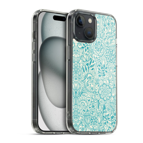 Micklyn Le Feuvre Floral Patterns Teal And Cream Soft Gel Case for Apple iPhone 15 & MagSafe
