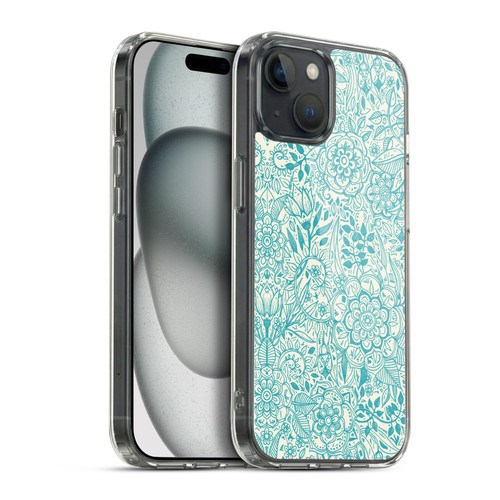 Micklyn Le Feuvre Floral Patterns Teal And Cream Soft Gel Case for Apple iPhone 15 Plus & MagSafe