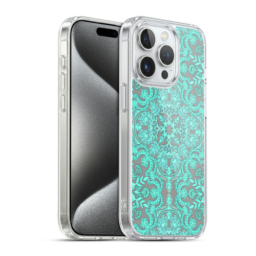 Micklyn Le Feuvre Floral Patterns Mint Green And Grey Soft Gel Case for Apple iPhone 15 Pro & MagSafe