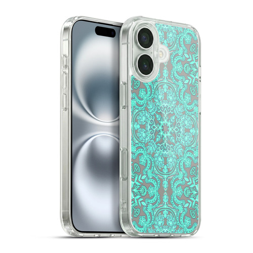 Micklyn Le Feuvre Floral Patterns Mint Green And Grey Soft Gel Case for Apple iPhone 16 Plus & MagSafe