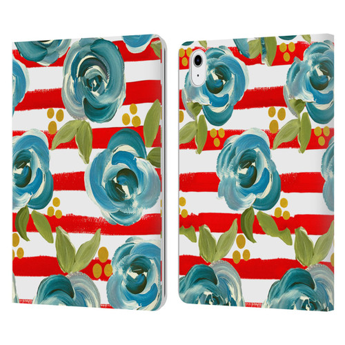 Haley Bush Floral Painting Blue Rose Red Stripe Leather Book Wallet Case Cover For Apple iPad Air 11 2020/2022/2024/2025