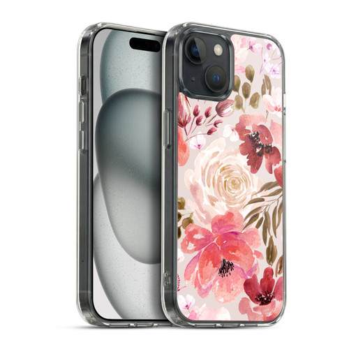 Anis Illustration Floral Pattern Light Red Soft Gel Case for Apple iPhone 15 Plus & MagSafe