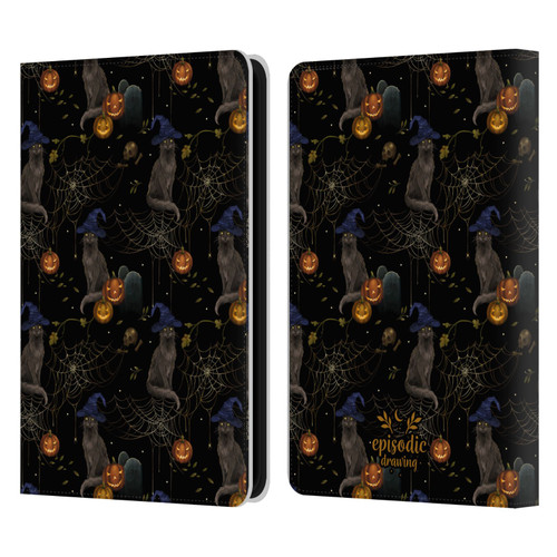 Episodic Drawing Spooky Patterns Cat's Halloween Hat Leather Book Wallet Case Cover For Amazon Kindle 11th Gen 6in 2022