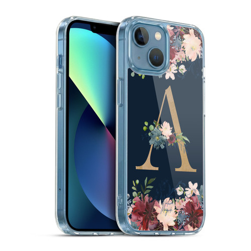 Nature Magick Floral Monogram Gold Navy Letter A Soft Gel Case for Apple iPhone 13 Mini & MagSafe