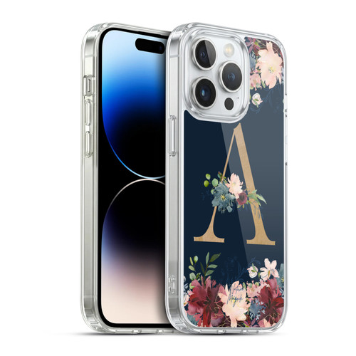 Nature Magick Floral Monogram Gold Navy Letter A Soft Gel Case for Apple iPhone 14 Pro & MagSafe