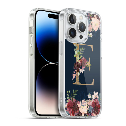 Nature Magick Floral Monogram Gold Navy Letter E Soft Gel Case for Apple iPhone 14 Pro & MagSafe